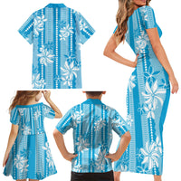 Hawaii Kakau Tribal Family Matching Short Sleeve Bodycon Dress and Hawaiian Shirt With Blue Tiare LT05 - Polynesian Pride