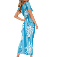 Hawaii Kakau Tribal Family Matching Short Sleeve Bodycon Dress and Hawaiian Shirt With Blue Tiare LT05 - Polynesian Pride