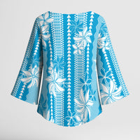 Hawaii Kakau Tribal Kimono Sleeve Blouse With Blue Tiare