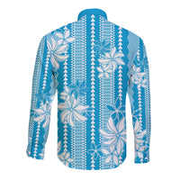 Hawaii Kakau Tribal Long Sleeve Button Shirt With Blue Tiare LT05 - Polynesian Pride