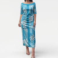 Hawaii Kakau Tribal Puletasi With Blue Tiare LT05 Long Dress Blue - Polynesian Pride