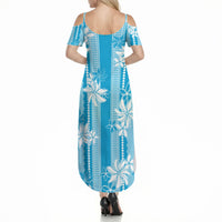 Hawaii Kakau Tribal Summer Maxi Dress With Blue Tiare LT05 - Polynesian Pride