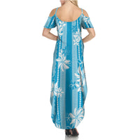 Hawaii Kakau Tribal Summer Maxi Dress With Blue Tiare