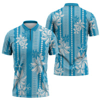Hawaii Kakau Tribal Zipper Polo Shirt With Blue Tiare LT05 - Polynesian Pride