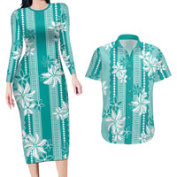Hawaii Kakau Tribal Couples Matching Long Sleeve Bodycon Dress and Hawaiian Shirt With Teal Tiare LT05 Teal - Polynesian Pride