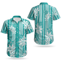 Hawaii Kakau Tribal Couples Matching Long Sleeve Bodycon Dress and Hawaiian Shirt With Teal Tiare LT05 - Polynesian Pride
