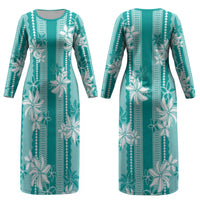 Hawaii Kakau Tribal Couples Matching Long Sleeve Bodycon Dress and Hawaiian Shirt With Teal Tiare LT05 - Polynesian Pride