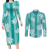Hawaii Kakau Tribal Couples Matching Long Sleeve Bodycon Dress and Long Sleeve Button Shirt With Teal Tiare LT05 Teal - Polynesian Pride