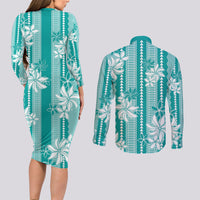 Hawaii Kakau Tribal Couples Matching Long Sleeve Bodycon Dress and Long Sleeve Button Shirt With Teal Tiare LT05 - Polynesian Pride