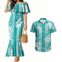 Hawaii Kakau Tribal Couples Matching Mermaid Dress and Hawaiian Shirt With Teal Tiare LT05 Teal - Polynesian Pride