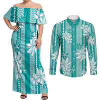 Hawaii Kakau Tribal Couples Matching Off Shoulder Maxi Dress and Long Sleeve Button Shirt With Teal Tiare LT05 Teal - Polynesian Pride