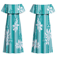Hawaii Kakau Tribal Couples Matching Off Shoulder Maxi Dress and Long Sleeve Button Shirt With Teal Tiare LT05 - Polynesian Pride