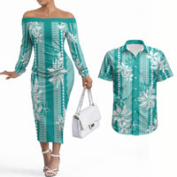 Hawaii Kakau Tribal Couples Matching Off The Shoulder Long Sleeve Dress and Hawaiian Shirt With Teal Tiare LT05 Teal - Polynesian Pride