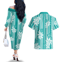Hawaii Kakau Tribal Couples Matching Off The Shoulder Long Sleeve Dress and Hawaiian Shirt With Teal Tiare LT05 - Polynesian Pride