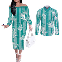 Hawaii Kakau Tribal Couples Matching Off The Shoulder Long Sleeve Dress and Long Sleeve Button Shirt With Teal Tiare LT05 Teal - Polynesian Pride