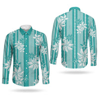 Hawaii Kakau Tribal Couples Matching Off The Shoulder Long Sleeve Dress and Long Sleeve Button Shirt With Teal Tiare LT05 - Polynesian Pride