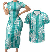 Hawaii Kakau Tribal Couples Matching Short Sleeve Bodycon Dress and Hawaiian Shirt With Teal Tiare LT05 Teal - Polynesian Pride