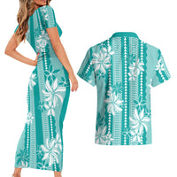 Hawaii Kakau Tribal Couples Matching Short Sleeve Bodycon Dress and Hawaiian Shirt With Teal Tiare LT05 - Polynesian Pride