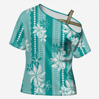 Hawaii Kakau Tribal Cross Shoulder Shirt With Teal Tiare