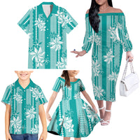Hawaii Kakau Tribal Family Matching Off The Shoulder Long Sleeve Dress and Hawaiian Shirt With Teal Tiare LT05 - Polynesian Pride