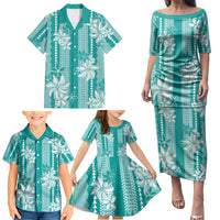 Hawaii Kakau Tribal Family Matching Puletasi and Hawaiian Shirt With Teal Tiare LT05 - Polynesian Pride