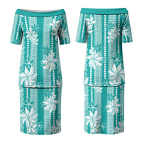 Hawaii Kakau Tribal Family Matching Puletasi and Hawaiian Shirt With Teal Tiare LT05 Mom's Dress Teal - Polynesian Pride