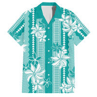 Hawaii Kakau Tribal Family Matching Puletasi and Hawaiian Shirt With Teal Tiare LT05 Dad's Shirt - Short Sleeve Teal - Polynesian Pride