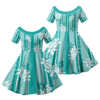 Hawaii Kakau Tribal Family Matching Puletasi and Hawaiian Shirt With Teal Tiare LT05 Daughter's Dress Teal - Polynesian Pride