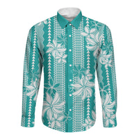 Hawaii Kakau Tribal Long Sleeve Button Shirt With Teal Tiare LT05 Unisex Teal - Polynesian Pride