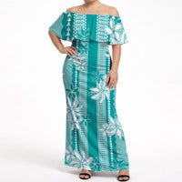 Hawaii Kakau Tribal Off Shoulder Maxi Dress With Teal Tiare LT05 Women Teal - Polynesian Pride