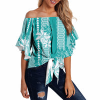 Hawaii Kakau Tribal Off Shoulder Wrap Waist Top With Teal Tiare LT05 - Polynesian Pride