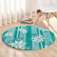 Hawaii Kakau Tribal Round Carpet With Teal Tiare