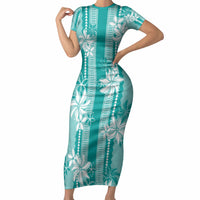 Hawaii Kakau Tribal Short Sleeve Bodycon Dress With Teal Tiare LT05 Long Dress Teal - Polynesian Pride