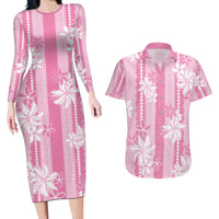 Hawaii Kakau Tribal Couples Matching Long Sleeve Bodycon Dress and Hawaiian Shirt With Pink Tiare LT05 Pink - Polynesian Pride