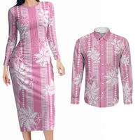 Hawaii Kakau Tribal Couples Matching Long Sleeve Bodycon Dress and Long Sleeve Button Shirt With Pink Tiare LT05 Pink - Polynesian Pride