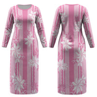 Hawaii Kakau Tribal Couples Matching Long Sleeve Bodycon Dress and Long Sleeve Button Shirt With Pink Tiare LT05 - Polynesian Pride