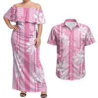Hawaii Kakau Tribal Couples Matching Off Shoulder Maxi Dress and Hawaiian Shirt With Pink Tiare LT05 Pink - Polynesian Pride