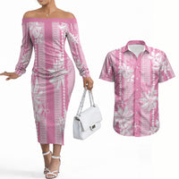 Hawaii Kakau Tribal Couples Matching Off The Shoulder Long Sleeve Dress and Hawaiian Shirt With Pink Tiare LT05 Pink - Polynesian Pride