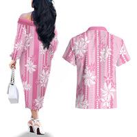 Hawaii Kakau Tribal Couples Matching Off The Shoulder Long Sleeve Dress and Hawaiian Shirt With Pink Tiare LT05 - Polynesian Pride
