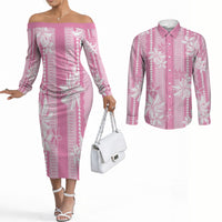 Hawaii Kakau Tribal Couples Matching Off The Shoulder Long Sleeve Dress and Long Sleeve Button Shirt With Pink Tiare LT05 Pink - Polynesian Pride