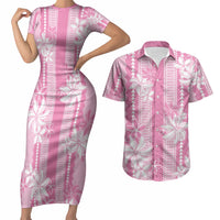 Hawaii Kakau Tribal Couples Matching Short Sleeve Bodycon Dress and Hawaiian Shirt With Pink Tiare LT05 Pink - Polynesian Pride