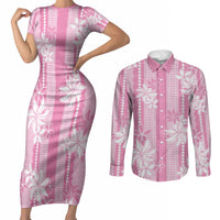 Hawaii Kakau Tribal Couples Matching Short Sleeve Bodycon Dress and Long Sleeve Button Shirt With Pink Tiare LT05 Pink - Polynesian Pride