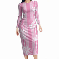Hawaii Kakau Tribal Long Sleeve Bodycon Dress With Pink Tiare LT05 Long Dress Pink - Polynesian Pride