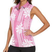Hawaii Kakau Tribal Women Sleeveless Polo Shirt With Pink Tiare