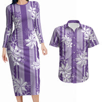 Hawaii Kakau Tribal Couples Matching Long Sleeve Bodycon Dress and Hawaiian Shirt With Purple Tiare LT05 Purple - Polynesian Pride