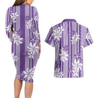 Hawaii Kakau Tribal Couples Matching Long Sleeve Bodycon Dress and Hawaiian Shirt With Purple Tiare LT05 - Polynesian Pride