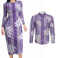 Hawaii Kakau Tribal Couples Matching Long Sleeve Bodycon Dress and Long Sleeve Button Shirt With Purple Tiare LT05 Purple - Polynesian Pride