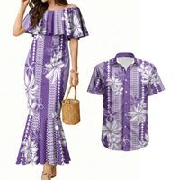 Hawaii Kakau Tribal Couples Matching Mermaid Dress and Hawaiian Shirt With Purple Tiare LT05 Purple - Polynesian Pride