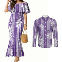 Hawaii Kakau Tribal Couples Matching Mermaid Dress and Long Sleeve Button Shirt With Purple Tiare LT05 Purple - Polynesian Pride