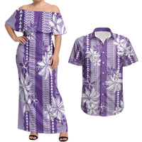 Hawaii Kakau Tribal Couples Matching Off Shoulder Maxi Dress and Hawaiian Shirt With Purple Tiare LT05 Purple - Polynesian Pride